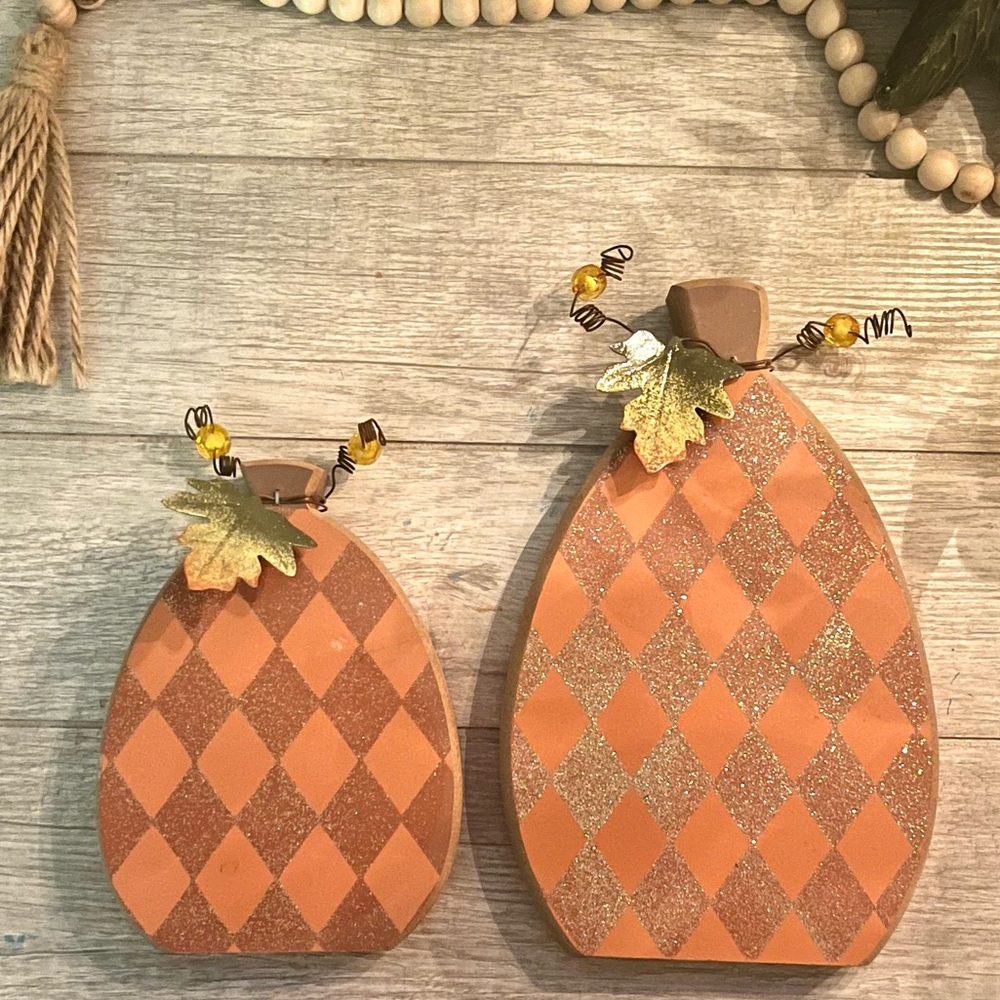 Wooden Decorative (Stand-Up) Pumpkins, Metal Leaf, Beaded Vine • Set of 2